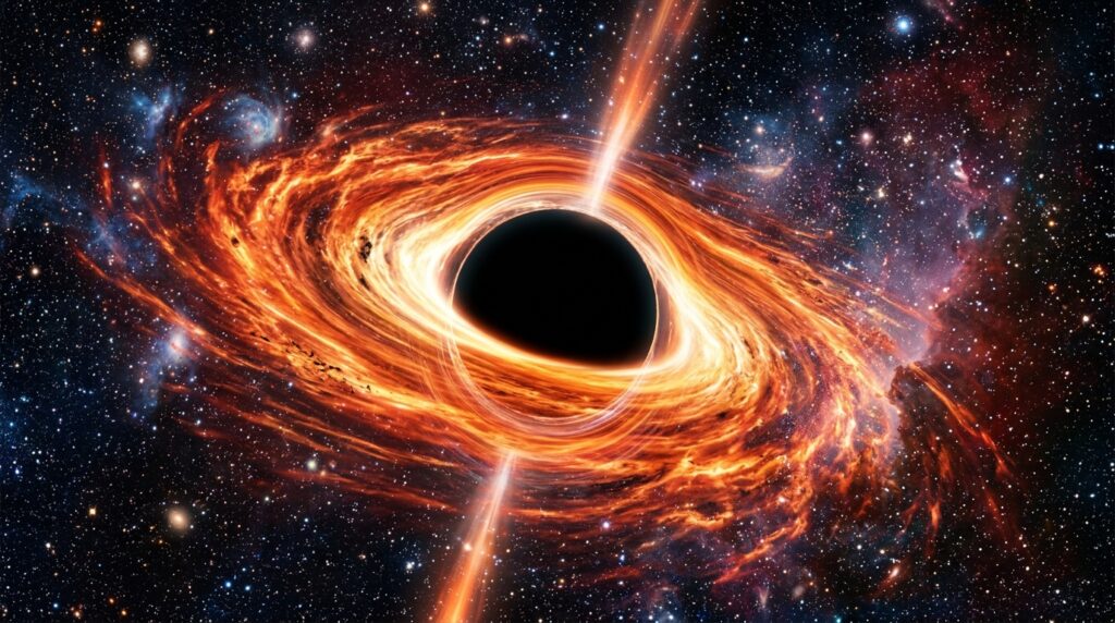 블랙홀의 강착원반과 사건의 지평선을 보여주는 우주 시각화 이미지