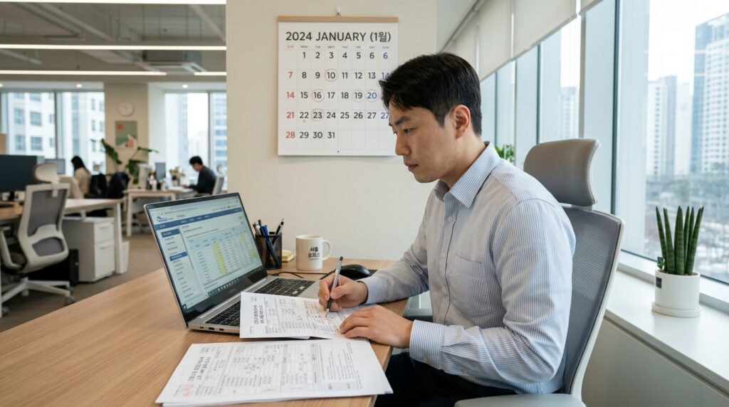 연말정산 환급을 준비 중인 직장인이 노트북으로 공제항목을 확인하는 모습