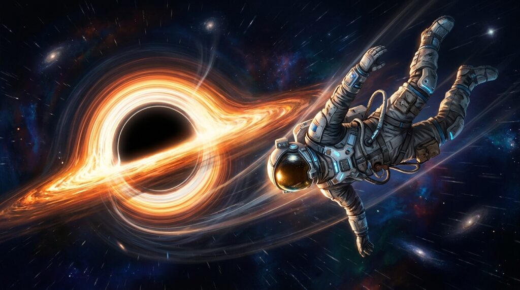 블랙홀 근처에서 시간 지연 효과를 경험하는 우주인을 묘사한 개념도