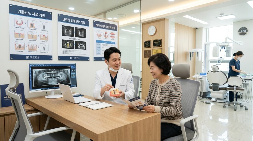임플란트 비용 상담 중인 치과 진료실 모습
