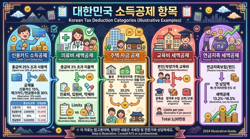 연말정산 환급을 위한 주요 공제항목 인포그래픽 – 의료비, 카드, 교육비, 월세, 연금