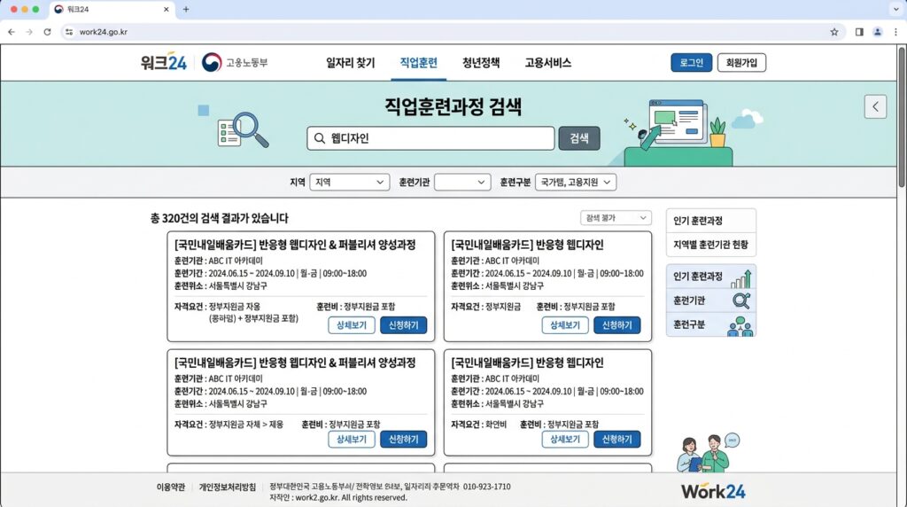 고용24 홈페이지에서 국비지원 학원 찾기 검색 화면